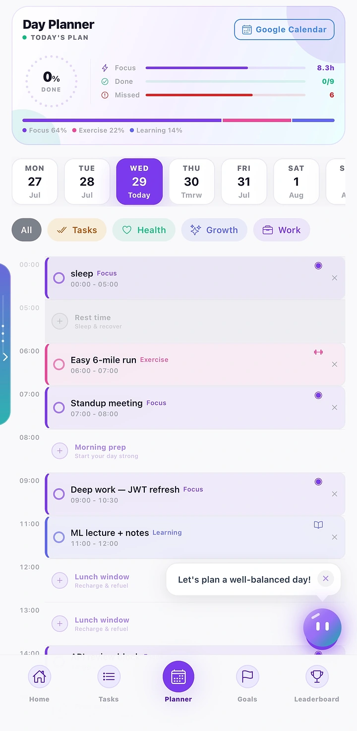 Planner screen