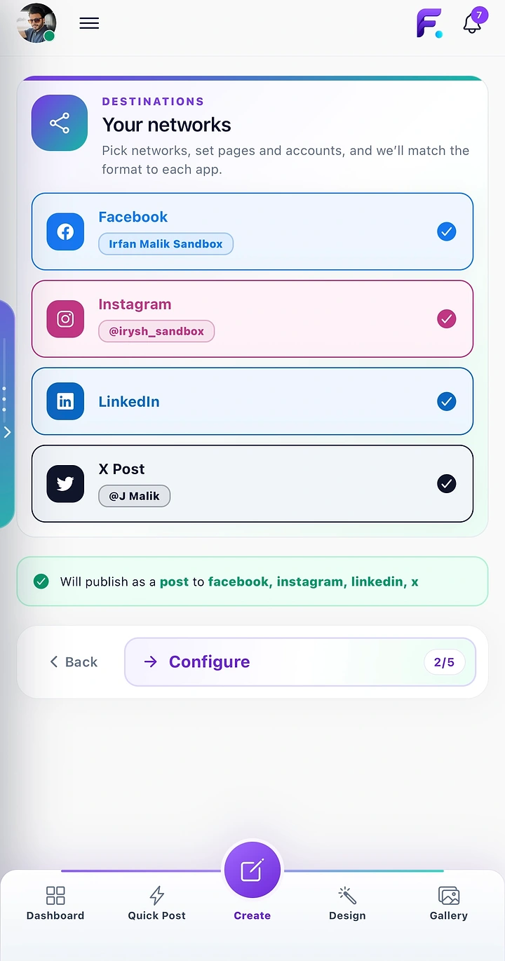 Choose social publishing destinations